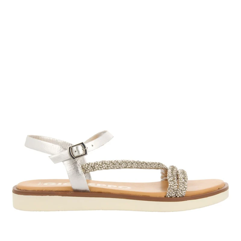 SILVER LEATHER SANDALS WITH JEWEL-EMBELLISHED STRAPS FOR WOMEN WALLOWA