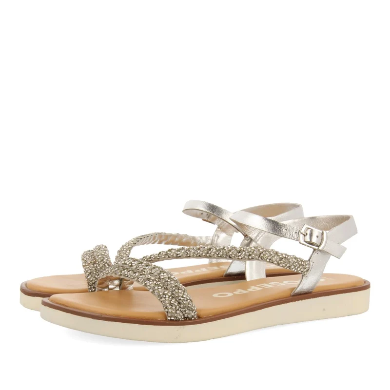 SILVER LEATHER SANDALS WITH JEWEL-EMBELLISHED STRAPS FOR WOMEN WALLOWA