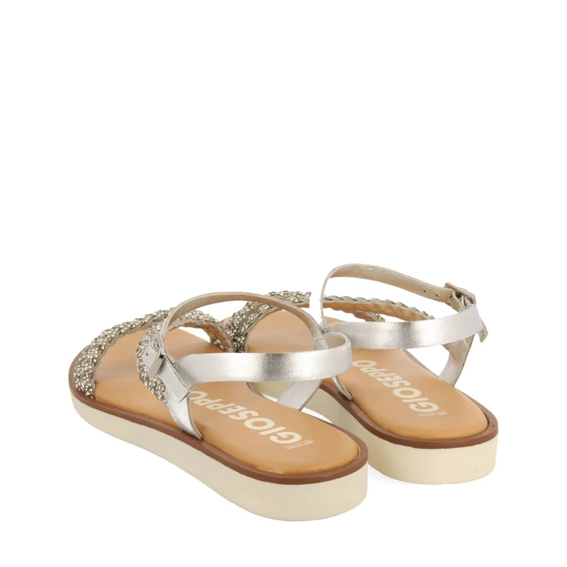 SILVER LEATHER SANDALS WITH JEWEL-EMBELLISHED STRAPS FOR WOMEN WALLOWA