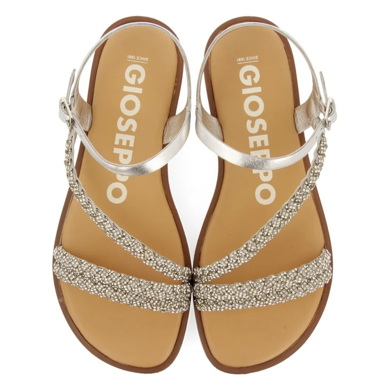 SILVER LEATHER SANDALS WITH JEWEL-EMBELLISHED STRAPS FOR WOMEN WALLOWA