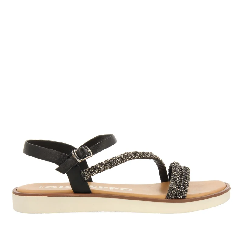 BLACK LEATHER SANDALS WITH STRAPS AND EMBELLISHMENTS FOR WOMEN WALLOWA