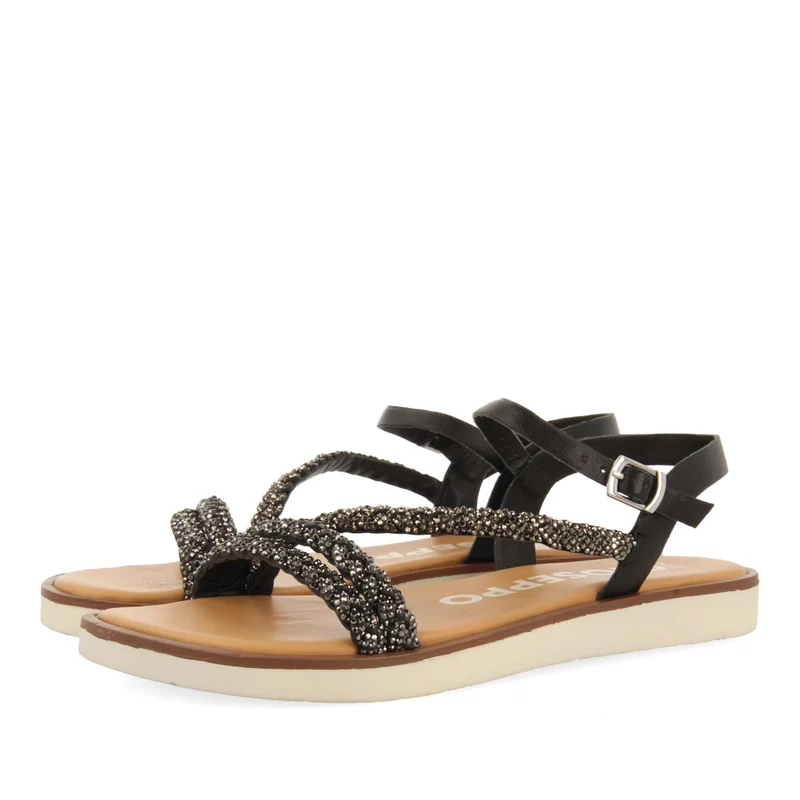 BLACK LEATHER SANDALS WITH STRAPS AND EMBELLISHMENTS FOR WOMEN WALLOWA