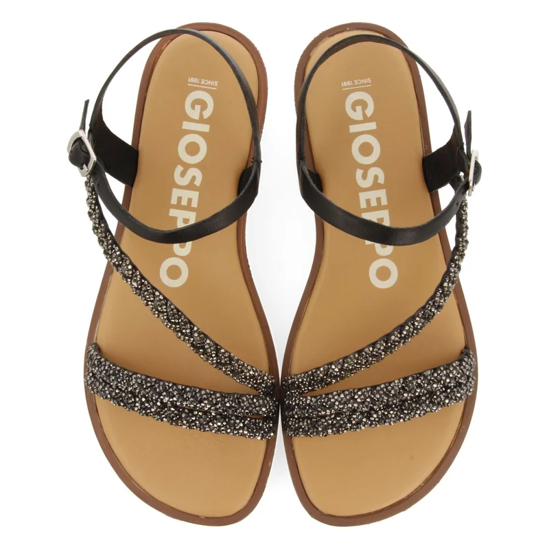 BLACK LEATHER SANDALS WITH STRAPS AND EMBELLISHMENTS FOR WOMEN WALLOWA