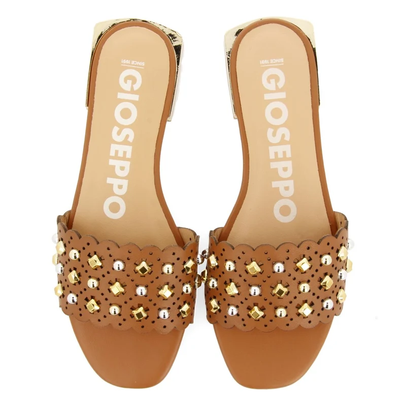 LEATHER COLORED SLIP-ON SANDALS WITH STUD EMBELLISHMENTS FOR WOMEN LABIN