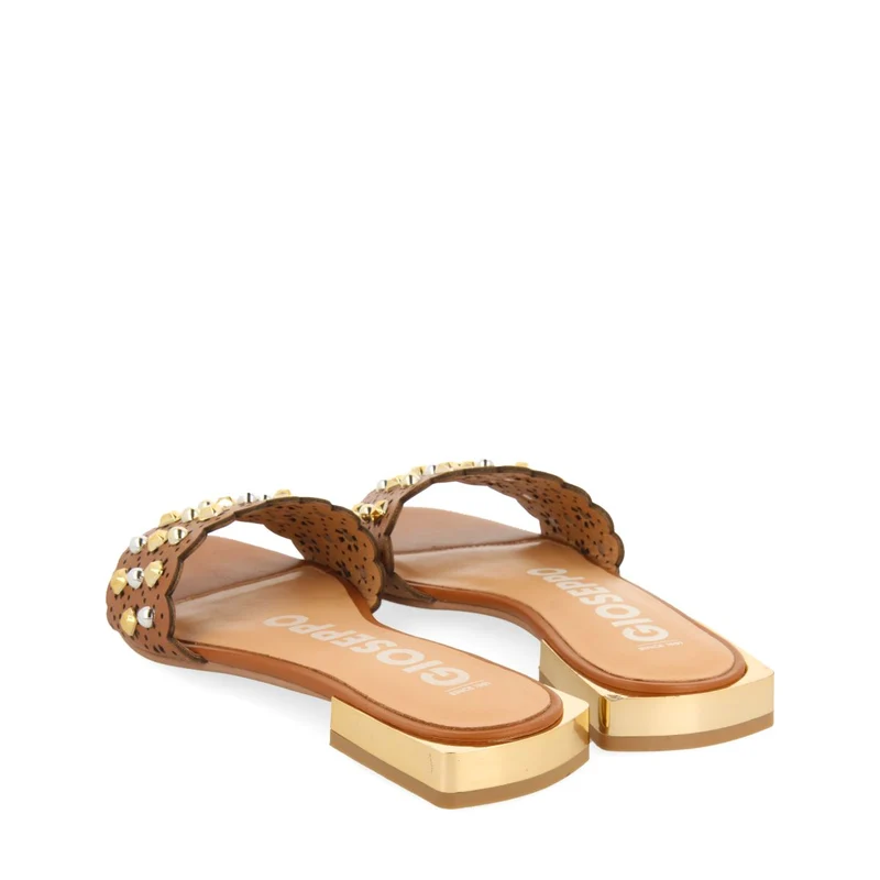 LEATHER COLORED SLIP-ON SANDALS WITH STUD EMBELLISHMENTS FOR WOMEN LABIN