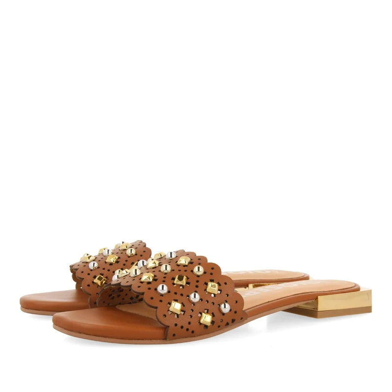 LEATHER COLORED SLIP-ON SANDALS WITH STUD EMBELLISHMENTS FOR WOMEN LABIN