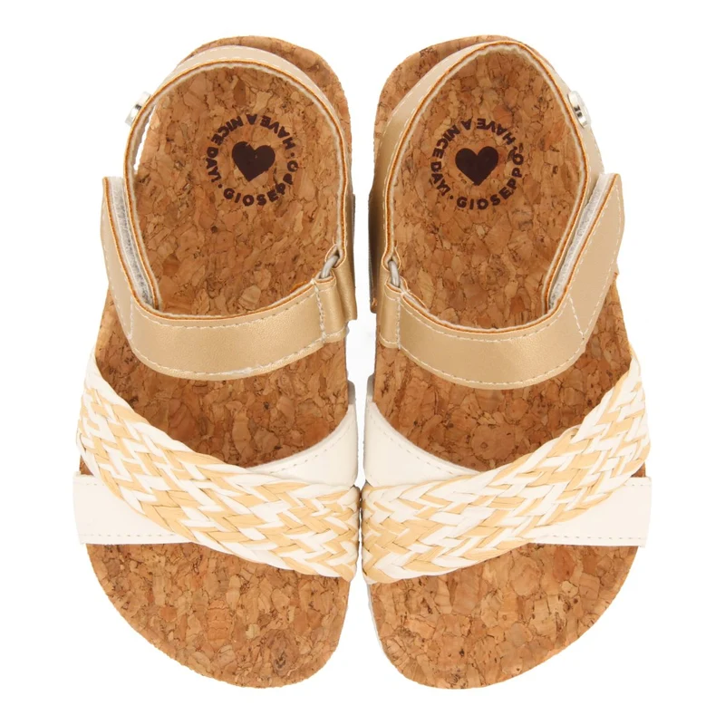 WHITE AND GOLDEN BIO SOLE SANDALS WITH RAFFIA BRAIDING FOR GIRLS AND BOYS BRATAJ