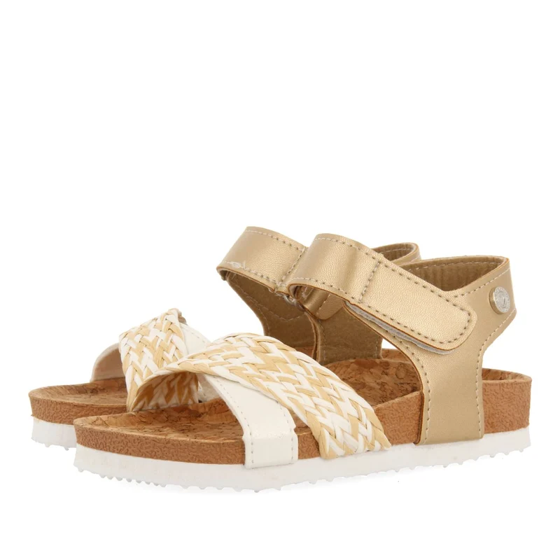 WHITE AND GOLDEN BIO SOLE SANDALS WITH RAFFIA BRAIDING FOR GIRLS AND BOYS BRATAJ