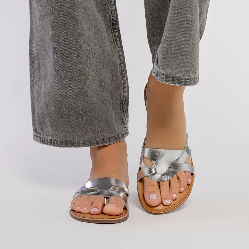 SILVER LEATHER SANDALS WITH STRAPS FOR WOMEN CAYUSE