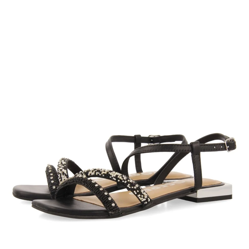 BLACK LEATHER SANDALS WITH STONES FOR WOMEN LANDKEY