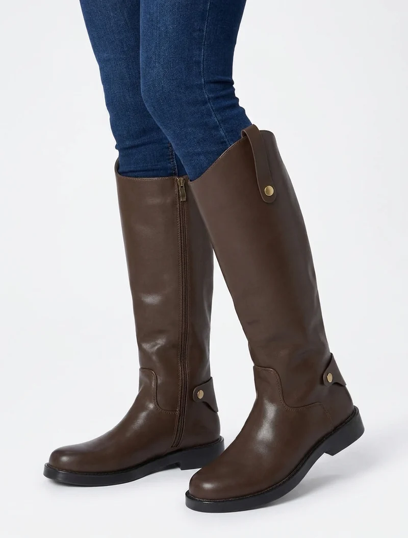 Bottes en simili à bout rond - Marron