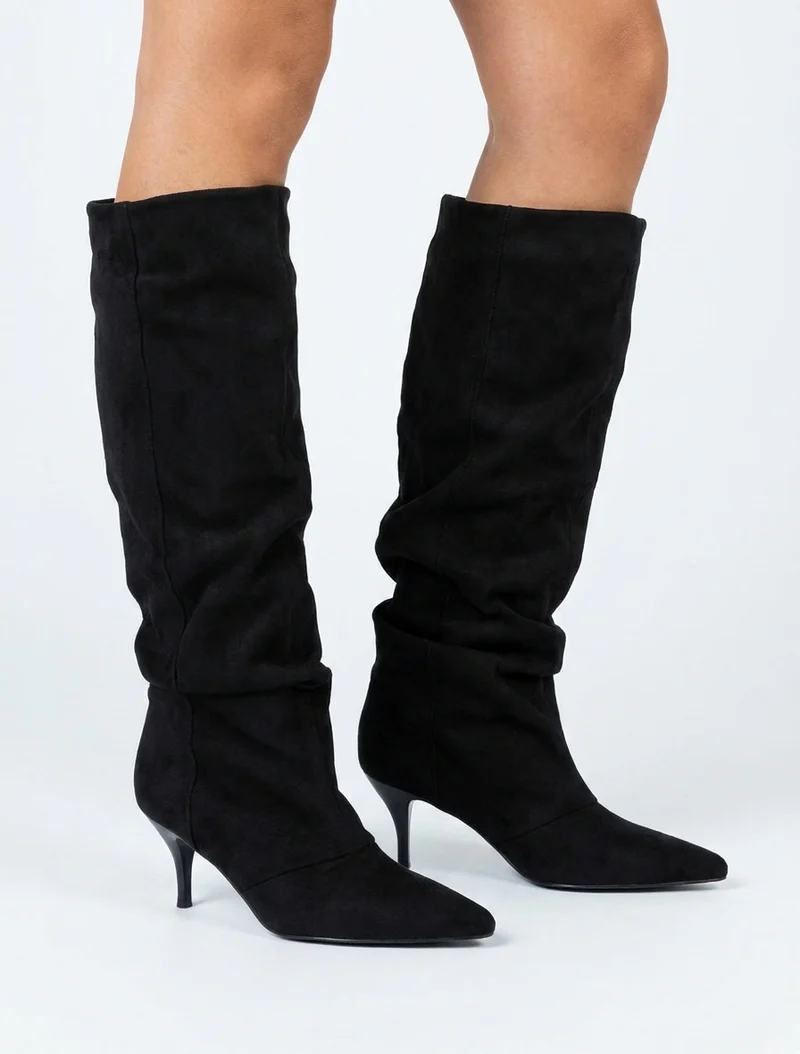 Bottes en suédine effet froncé à bouts pointus - Noir