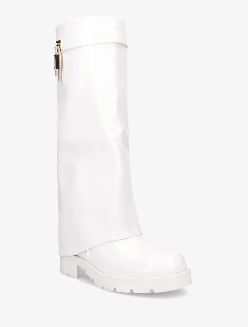 Bottes en simili à revers et bijou cadenas - Blanc