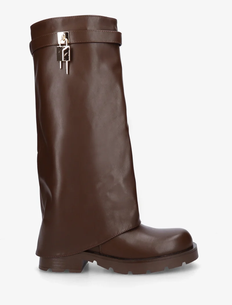 Bottes en simili à revers et bijou cadenas - Marron