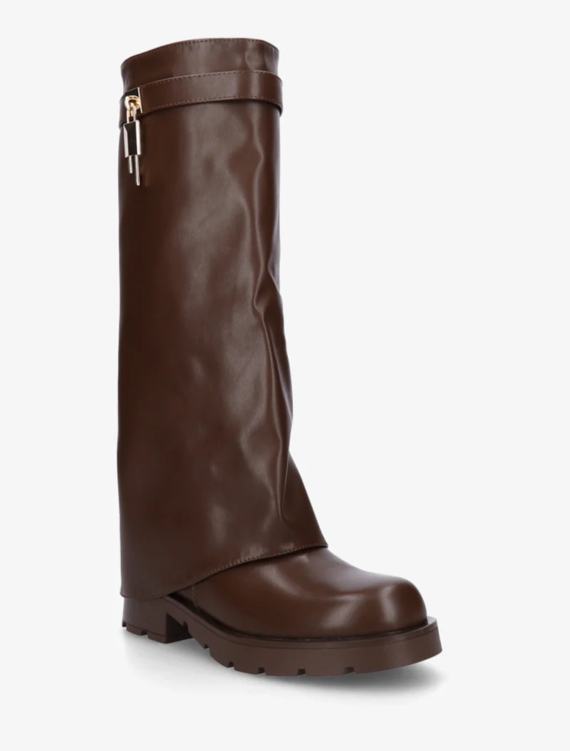 Bottes en simili à revers et bijou cadenas - Marron