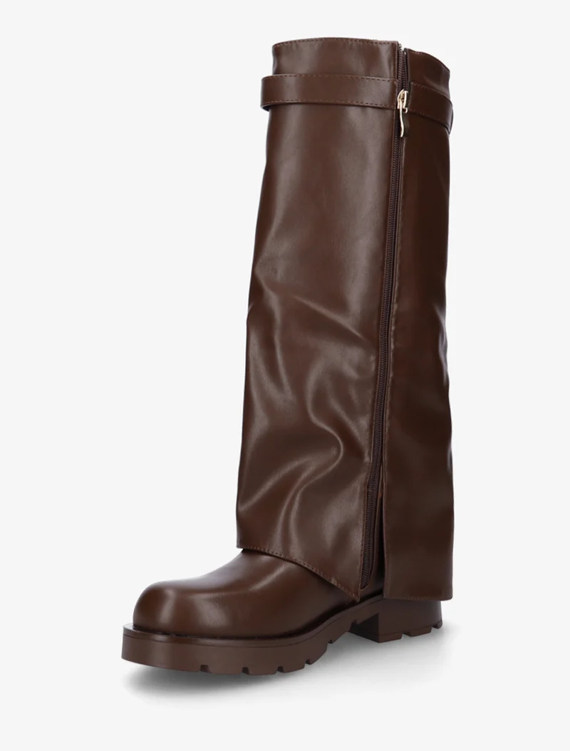 Bottes en simili à revers et bijou cadenas - Marron