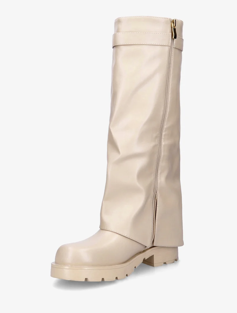 Bottes en simili à revers et bijou cadenas - Beige