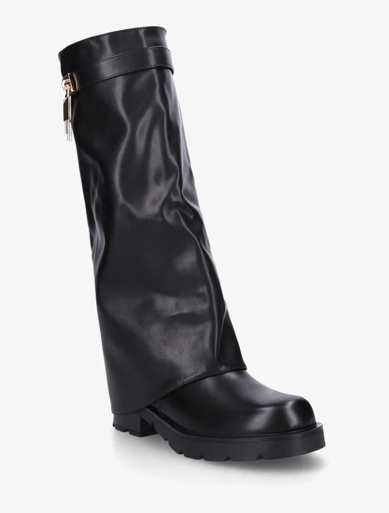 Bottes en simili à revers et bijou cadenas - Noir