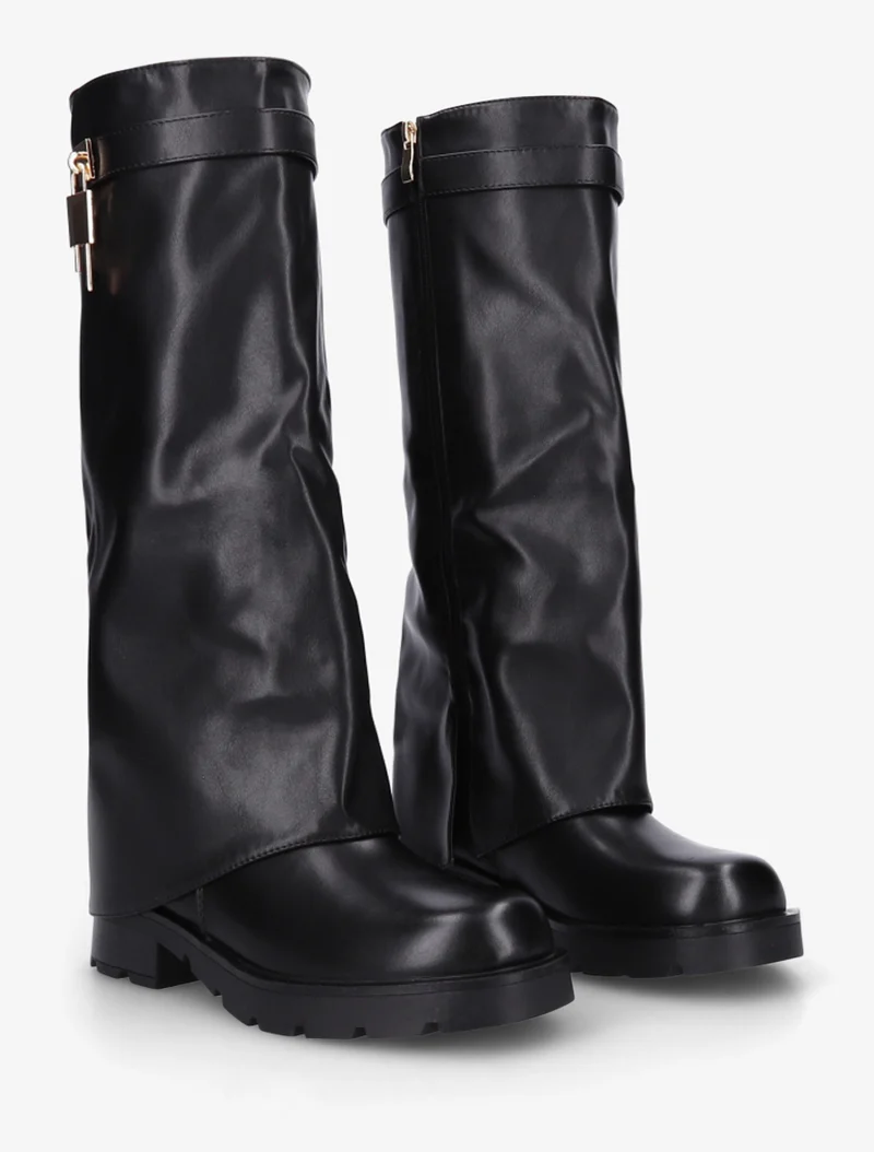 Bottes en simili à revers et bijou cadenas - Noir