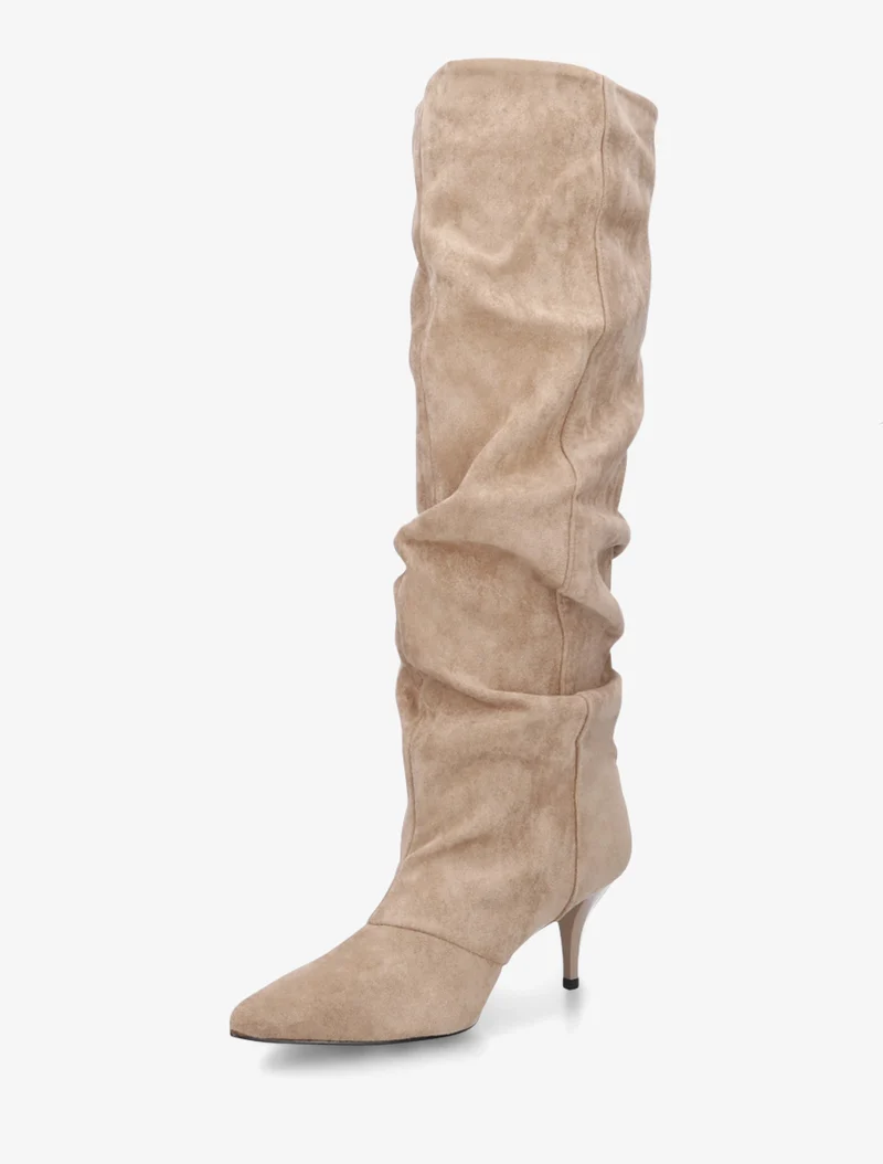 Bottes en suédine effet froncé à bouts pointus - Taupe
