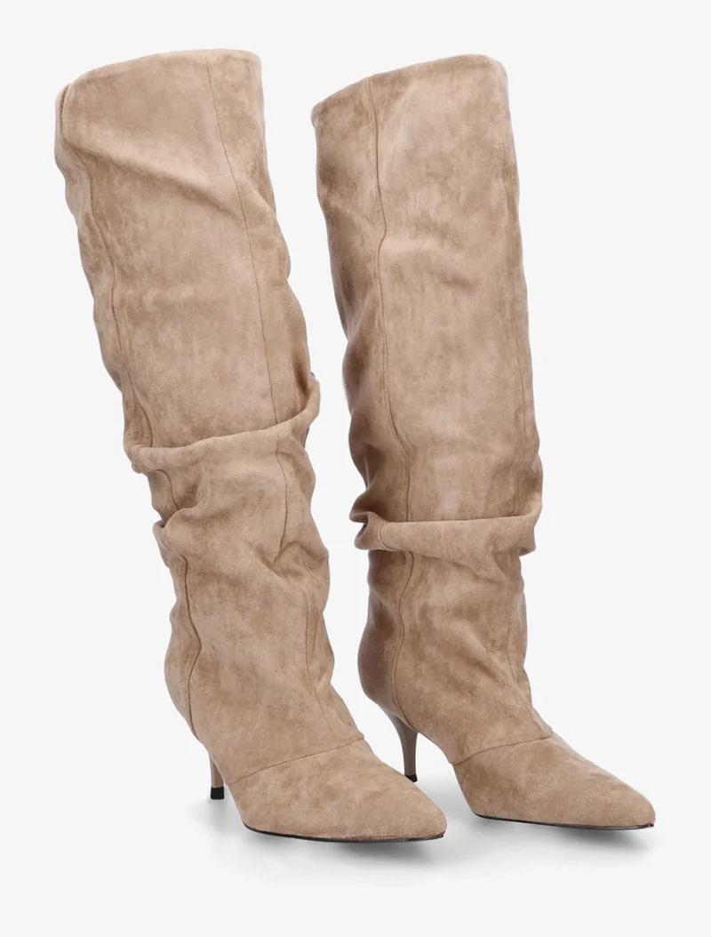 Bottes en suédine effet froncé à bouts pointus - Taupe