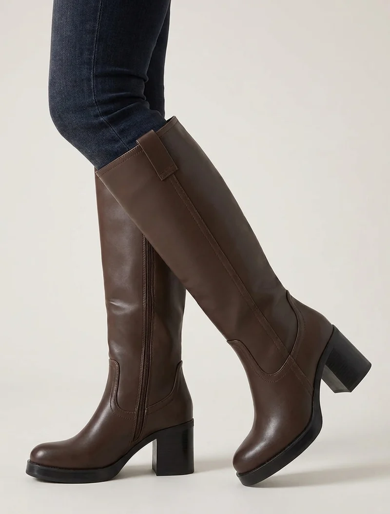 Bottes en simili à talon carré - Marron