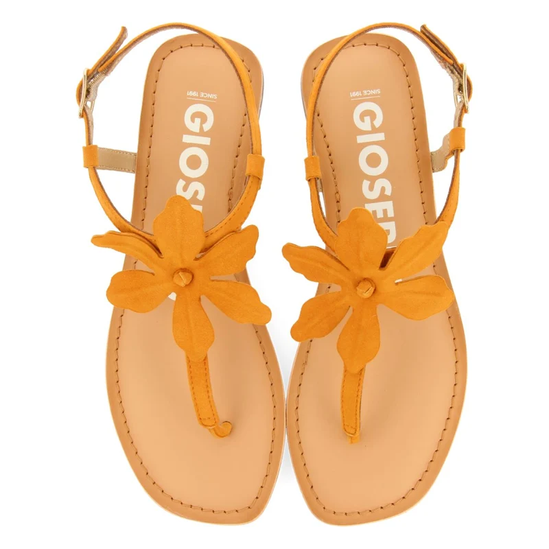 ORANGE LEATHER SANDALS WITH FLOWER EMBELLISHMENT FOR WOMEN VELCAN