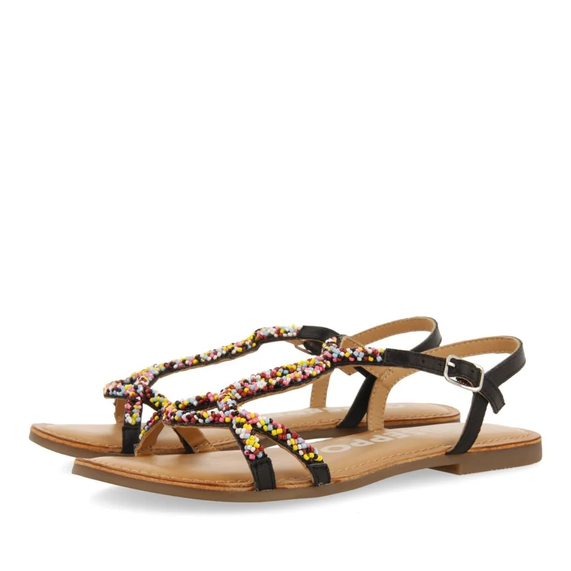 BLACK LEATHER SANDALS WITH MULTICOLOR STONES FOR WOMEN LURE