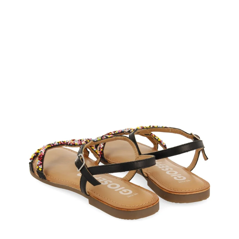 BLACK LEATHER SANDALS WITH MULTICOLOR STONES FOR WOMEN LURE