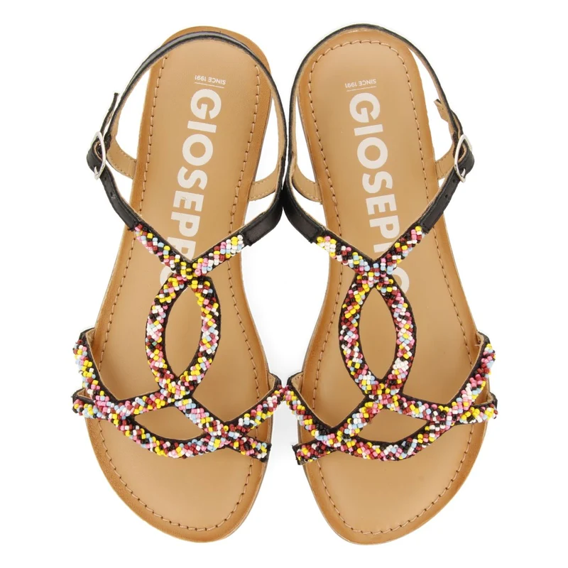 BLACK LEATHER SANDALS WITH MULTICOLOR STONES FOR WOMEN LURE