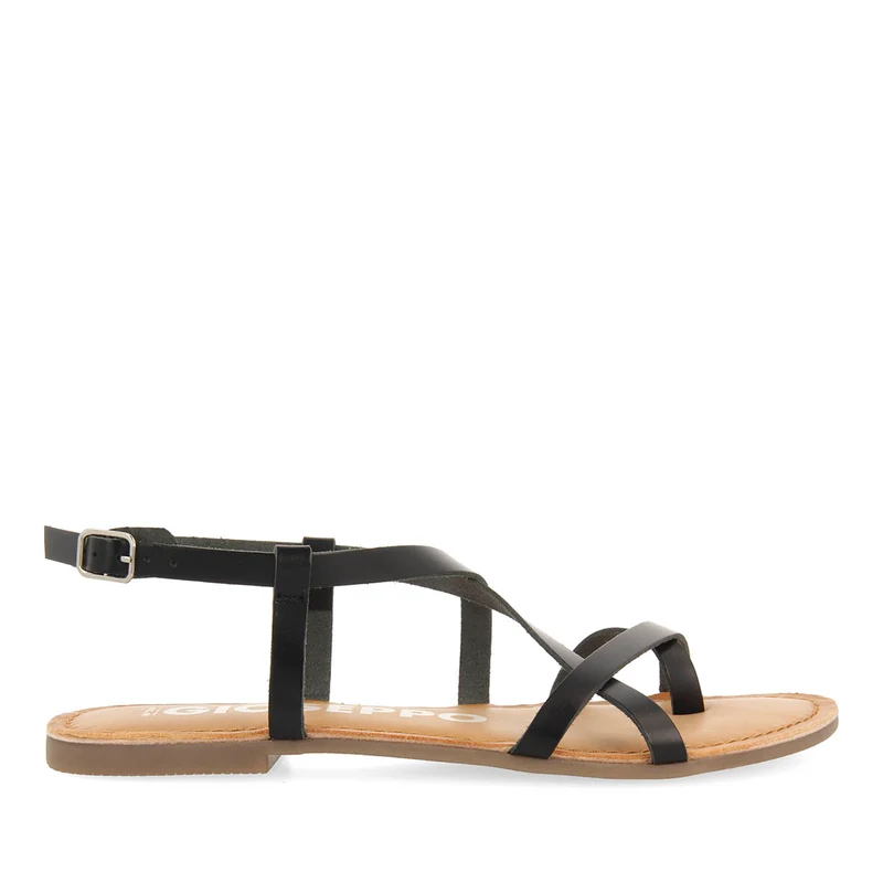 BLACK LEATHER SANDALS WITH THIN STRAPS FOR WOMEN COURSAN