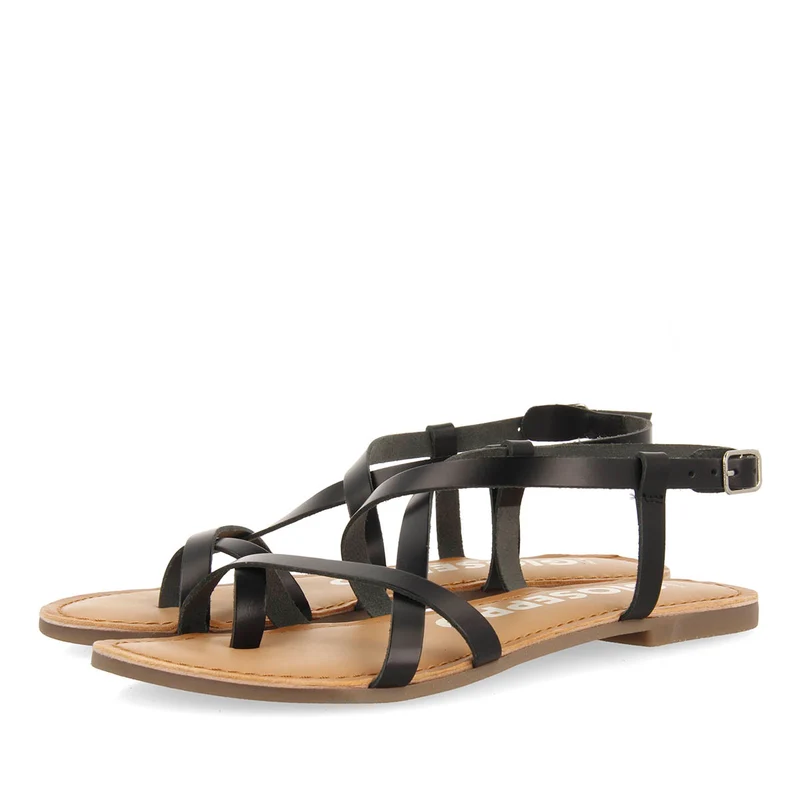 BLACK LEATHER SANDALS WITH THIN STRAPS FOR WOMEN COURSAN