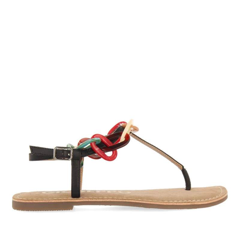 BLACK LEATHER SANDALS WITH MULTICOLOR LINK DETAIL FOR WOMEN MEDLEY