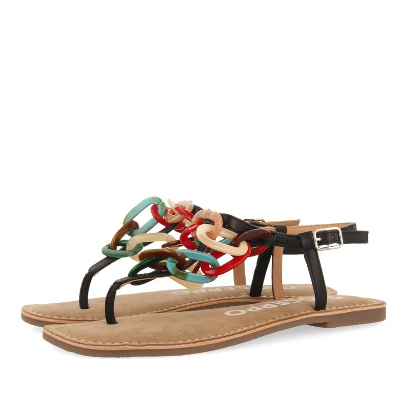 BLACK LEATHER SANDALS WITH MULTICOLOR LINK DETAIL FOR WOMEN MEDLEY