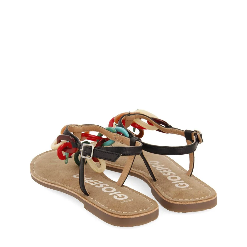 BLACK LEATHER SANDALS WITH MULTICOLOR LINK DETAIL FOR WOMEN MEDLEY