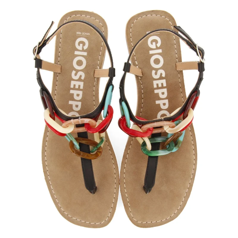 BLACK LEATHER SANDALS WITH MULTICOLOR LINK DETAIL FOR WOMEN MEDLEY