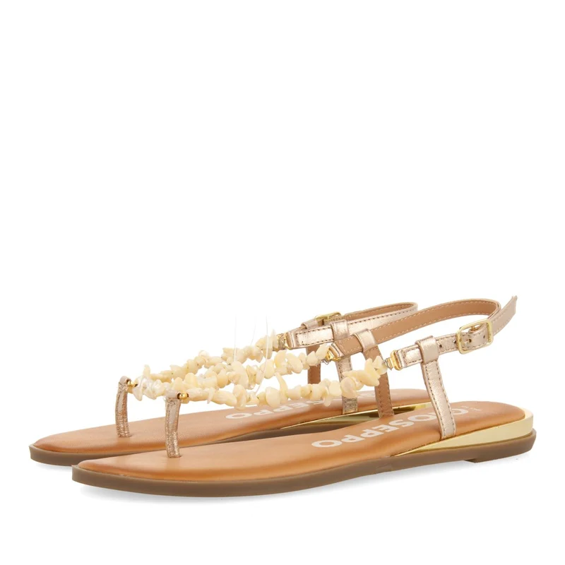 GOLDEN LEATHER SANDALS WITH WHITE STONES FOR WOMEN TRABIA