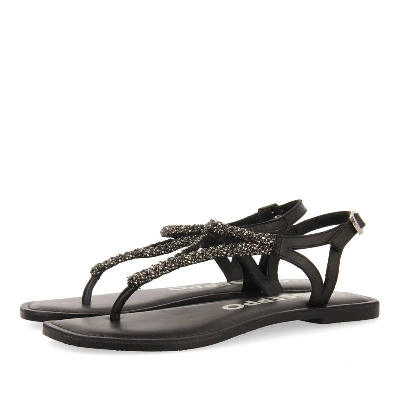 BLACK LEATHER SANDALS WITH EMBELLISHMENTS FOR WOMEN USTICA