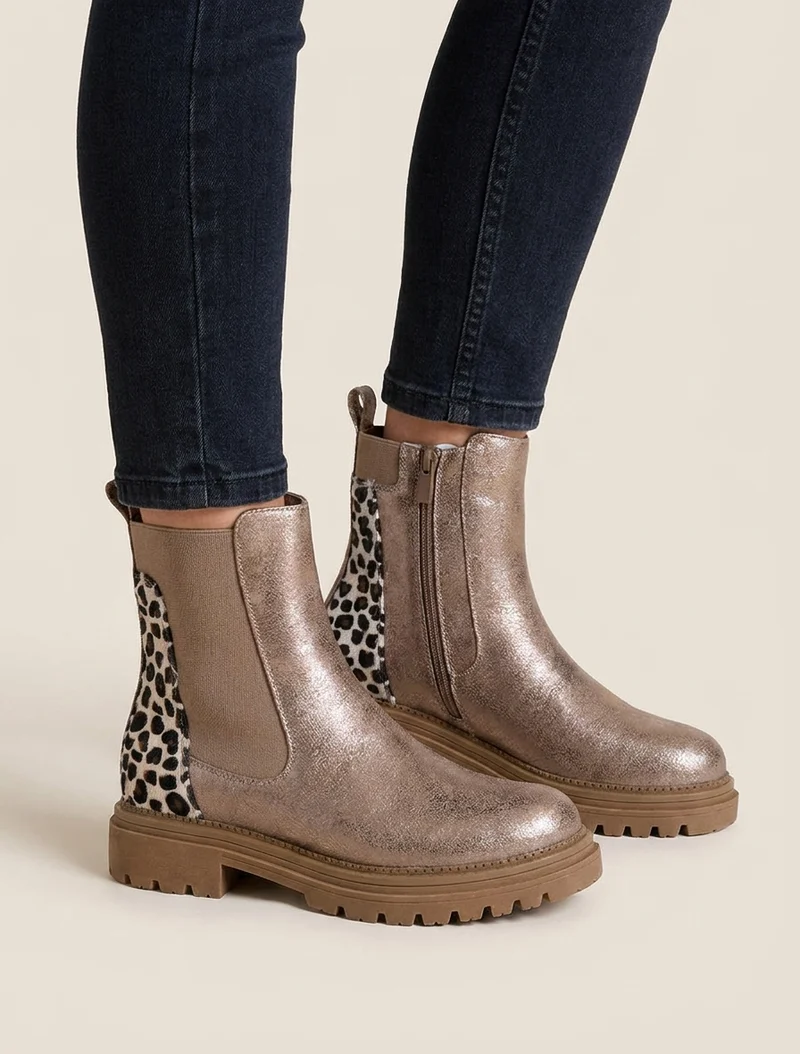 Bottines irisées à contrefort imprimé léopard - Taupe