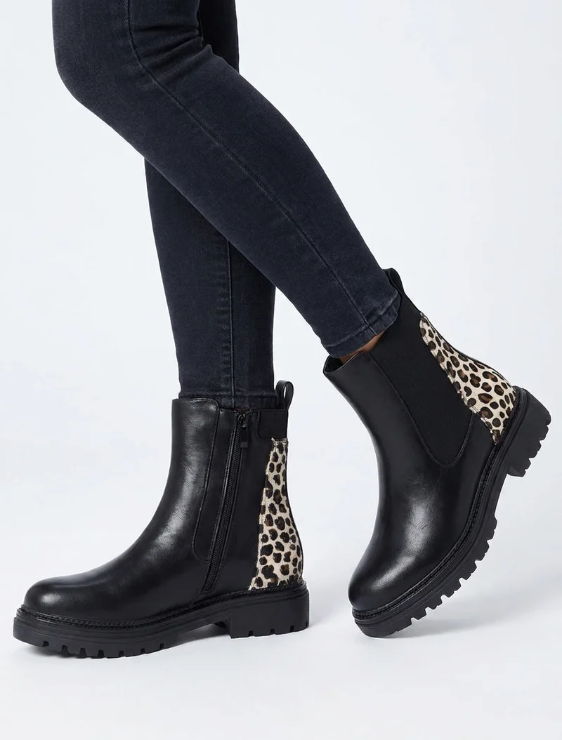 Bottines en simili à contrefort léopard - Noir