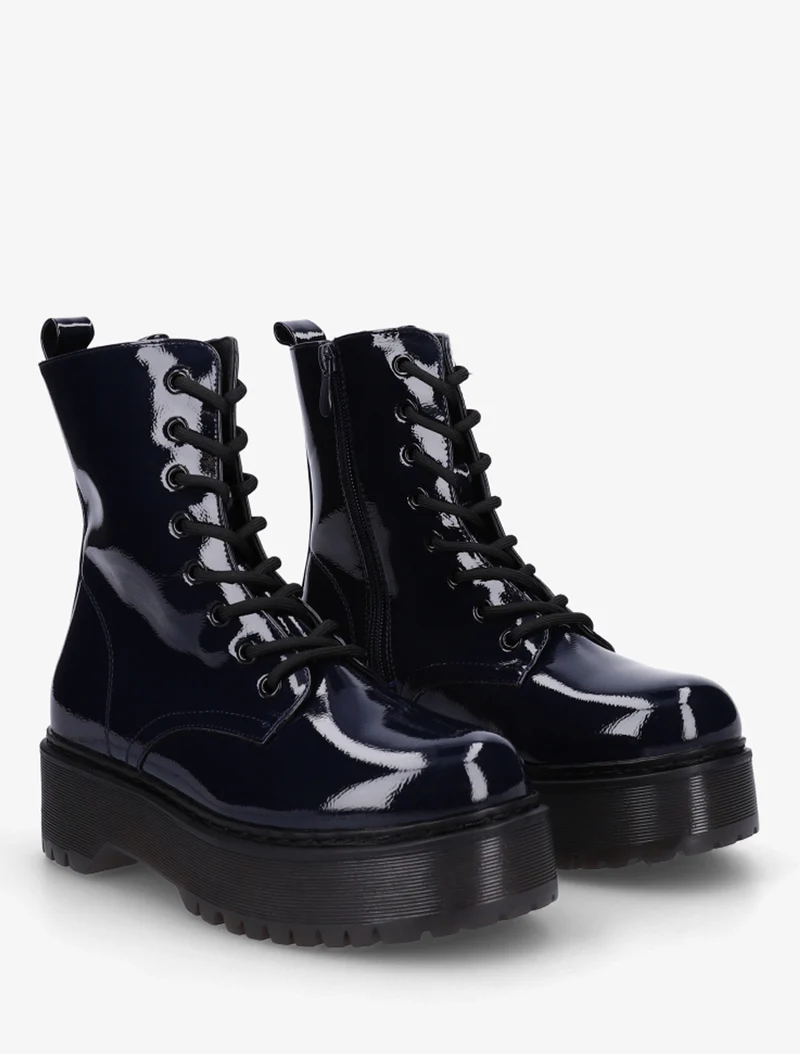 Bottines montantes vernies à lacets - Bleu nuit
