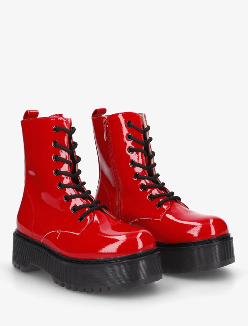 Bottines montantes vernies à lacets - Rouge