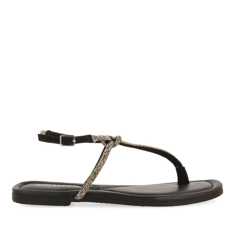 BLACK LEATHER SANDALS WITH STRAPS AND EMBELLISHMENTS FOR WOMEN BURNT