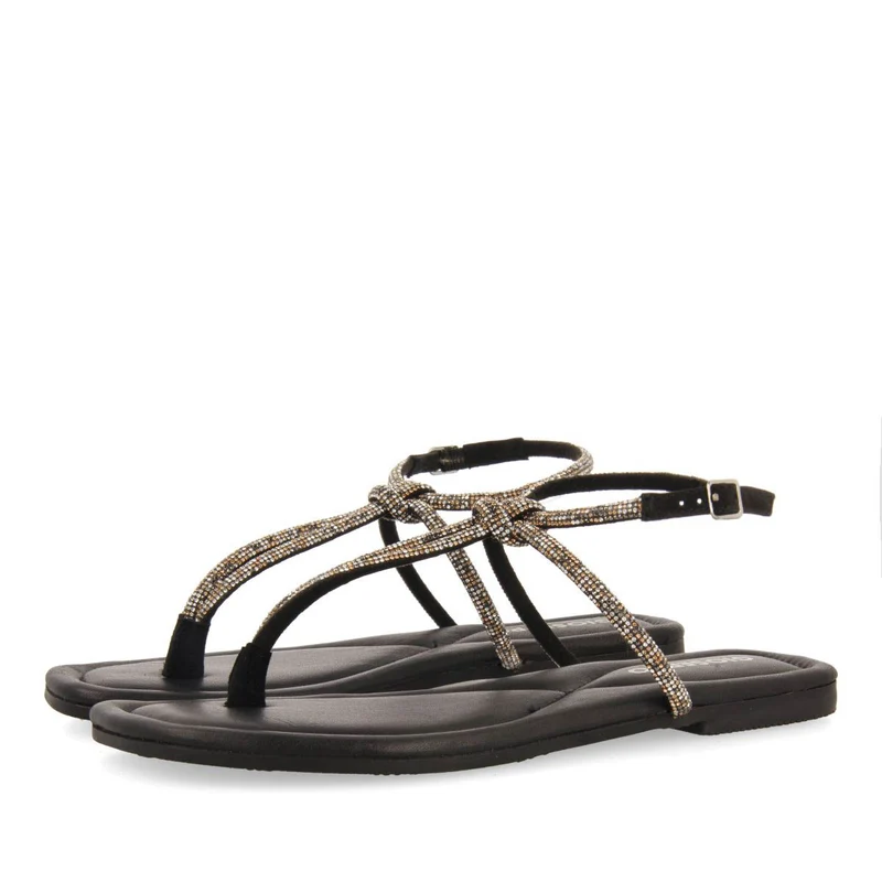 BLACK LEATHER SANDALS WITH STRAPS AND EMBELLISHMENTS FOR WOMEN BURNT