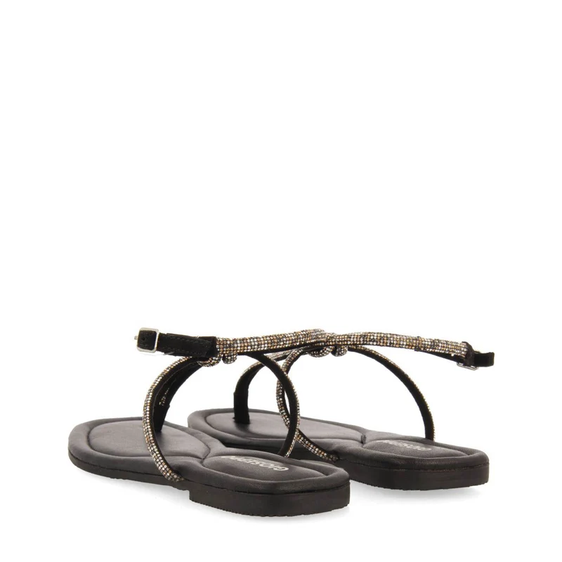 BLACK LEATHER SANDALS WITH STRAPS AND EMBELLISHMENTS FOR WOMEN BURNT