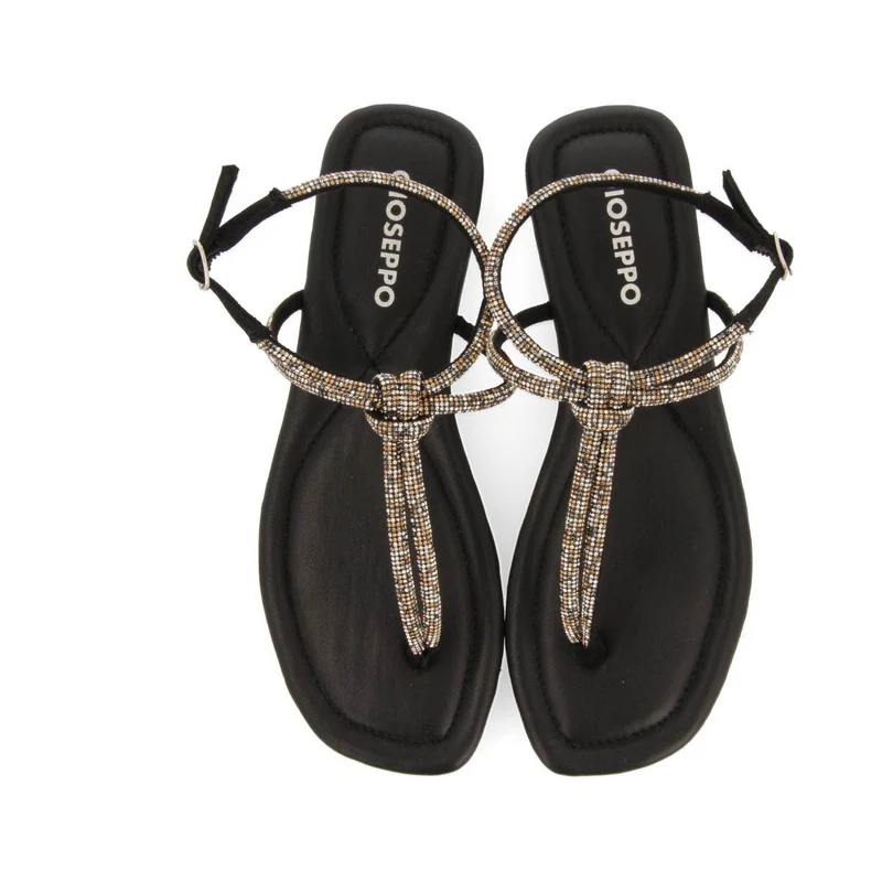 BLACK LEATHER SANDALS WITH STRAPS AND EMBELLISHMENTS FOR WOMEN BURNT