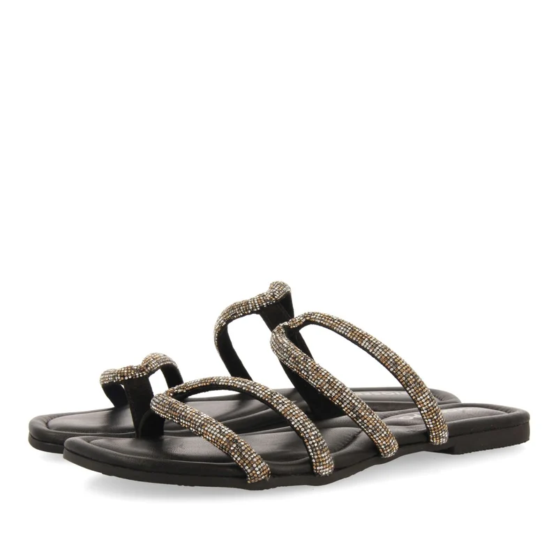 BLACK LEATHER SANDALS WITH STRAPS AND EMBELLISHMENTS FOR WOMEN BONIFAY