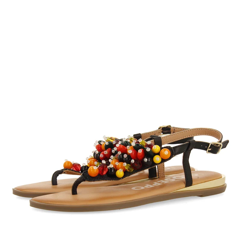 BLACK LEATHER SANDALS WITH MULTICOLOR EMBELLISHMENTS FOR WOMEN LEUCATE