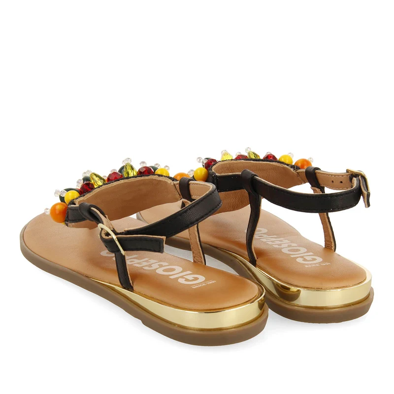 BLACK LEATHER SANDALS WITH MULTICOLOR EMBELLISHMENTS FOR WOMEN LEUCATE