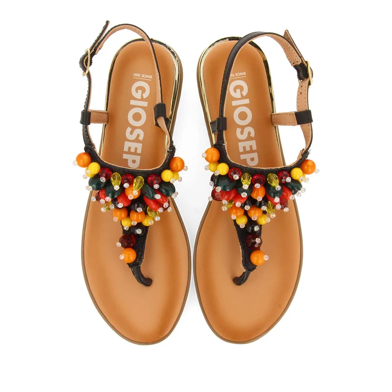 BLACK LEATHER SANDALS WITH MULTICOLOR EMBELLISHMENTS FOR WOMEN LEUCATE